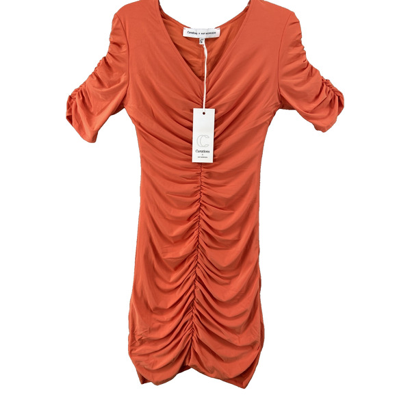 NWT Curations X Amy Morrison Dress Womens Sz S V-Neck Ruched Mini Mango - Picture 2 of 14